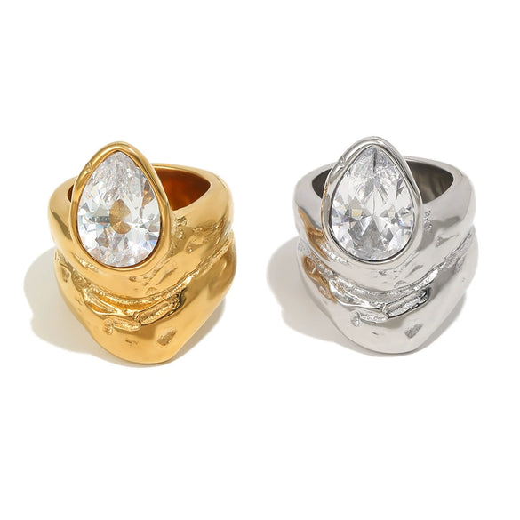 Wholesale Women's Stainless Steel Electroplated Geometric Lines Doublelayer Water Drop Zircon Ring Jewelry