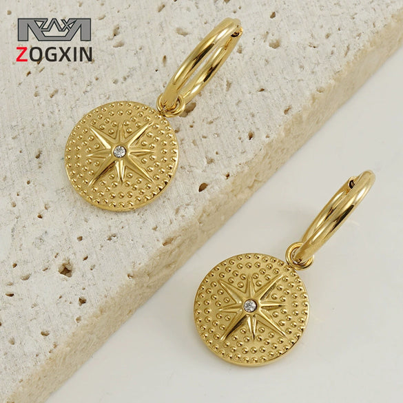 Wholesale Women's 316L Stainless Steel Electroplated Geometric Star Diamond Earrings With 18K Gold Plating