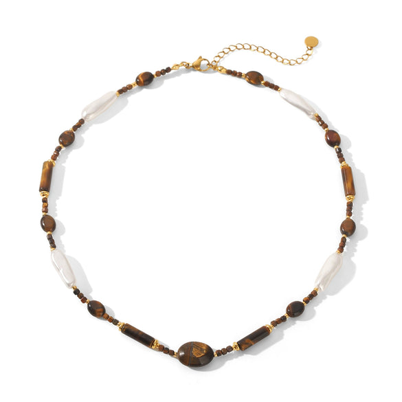 Wholesale Women's Stainless Steel Electroplated Geometric Tiger's Eye Beaded Clavicle Necklace