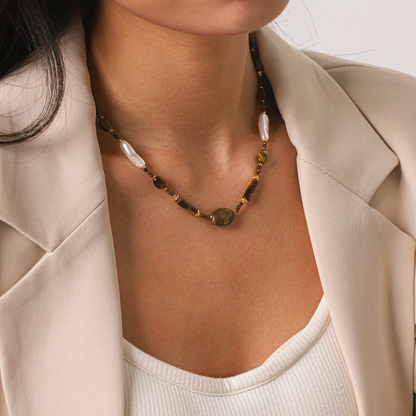 Wholesale Women's Stainless Steel Electroplated Geometric Tiger's Eye Beaded Clavicle Necklace