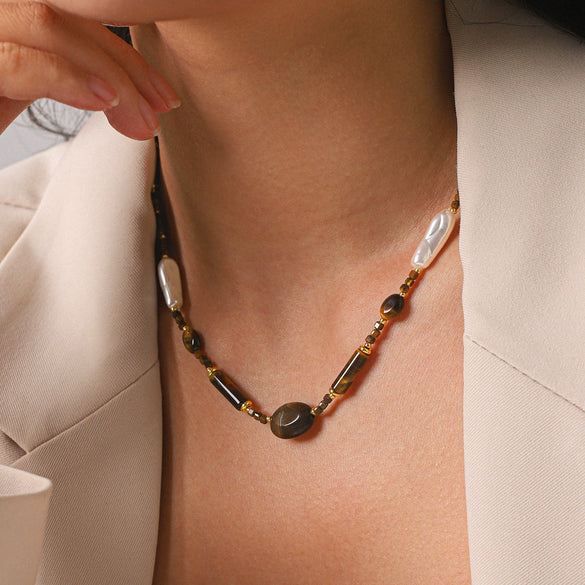 Wholesale Women's Stainless Steel Electroplated Geometric Tiger's Eye Beaded Clavicle Necklace