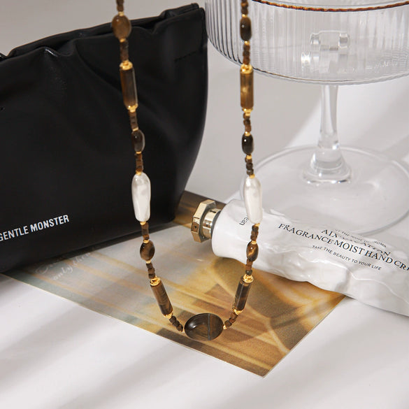 Wholesale Women's Stainless Steel Electroplated Geometric Tiger's Eye Beaded Clavicle Necklace