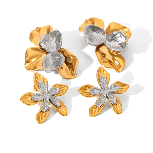 Wholesale Women's Stainless Steel Electroplated Hammered Geometric And Flower Earrings