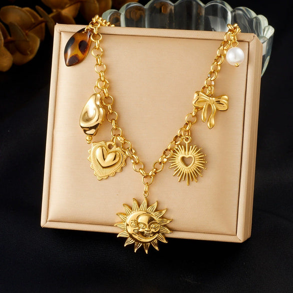 Wholesale Women's Stainless Steel Electroplated Heartshaped Leopard Print Pendant Necklace With Oshaped Chain