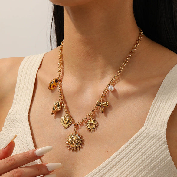 Wholesale Women's Stainless Steel Electroplated Heartshaped Leopard Print Pendant Necklace With Oshaped Chain