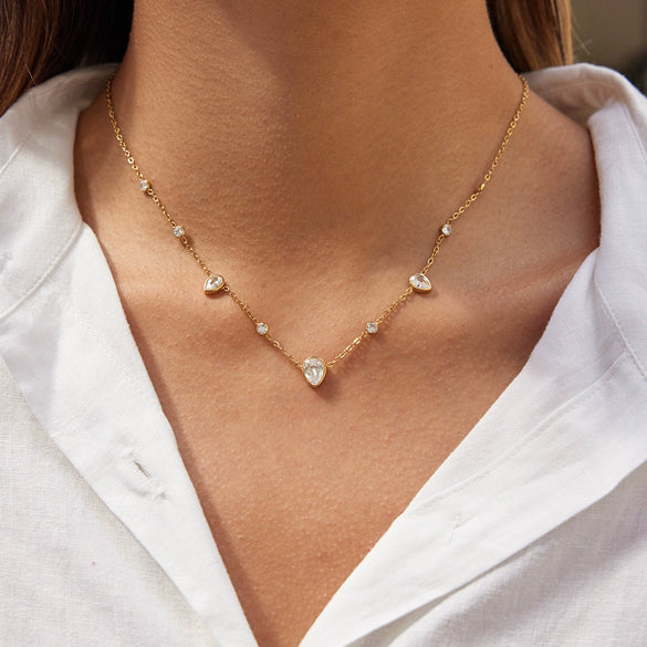 Wholesale Women's Stainless Steel Electroplated 18K Gold Drop Shape Zircon Necklace With Regular Chain