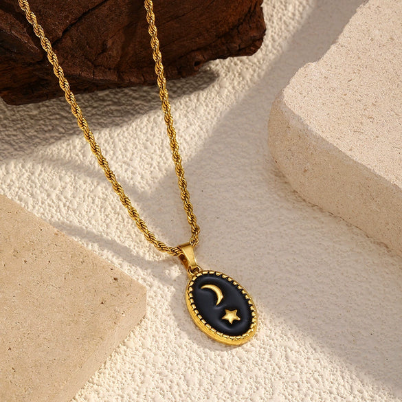 Wholesale Women's Stainless Steel Electroplated 18K Gold Moon Star Pendant Necklace With Twist Chain In Ins Style And Minimalist Design