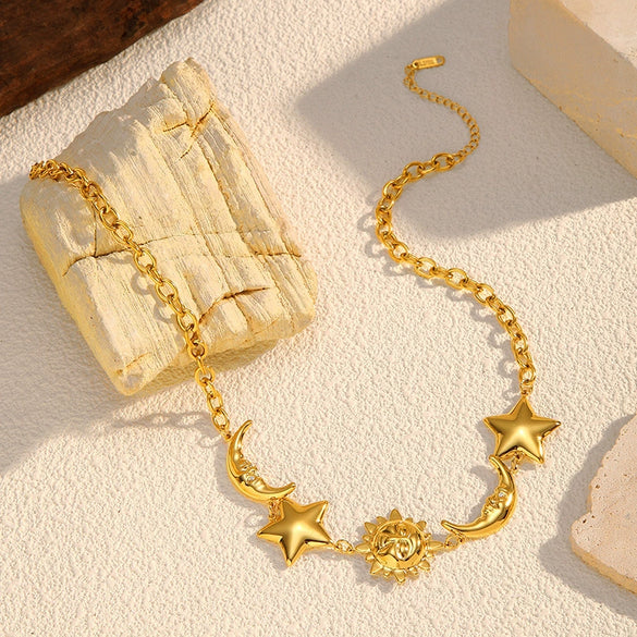 Wholesale Women's Stainless Steel Electroplated Moon Star And Sun Pendant Necklace With Cuban Chain Light Luxury Minimalist Ins Style