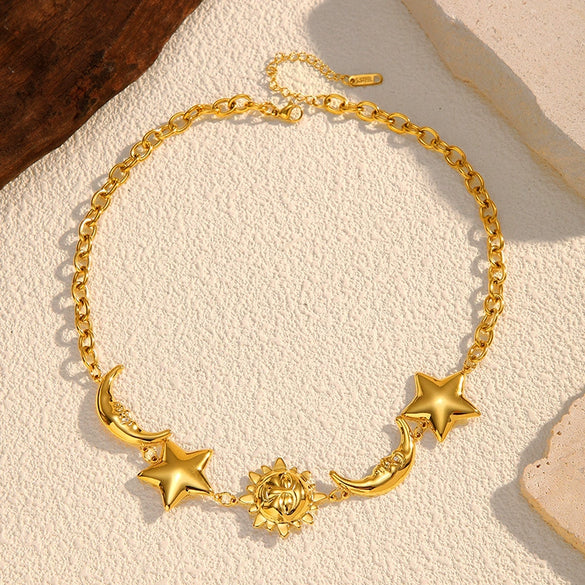 Wholesale Women's Stainless Steel Electroplated Moon Star And Sun Pendant Necklace With Cuban Chain Light Luxury Minimalist Ins Style
