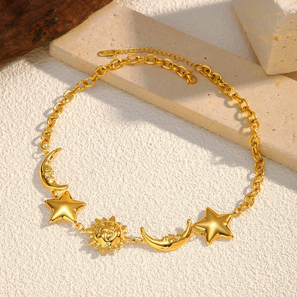 Wholesale Women's Stainless Steel Electroplated Moon Star And Sun Pendant Necklace With Cuban Chain Light Luxury Minimalist Ins Style