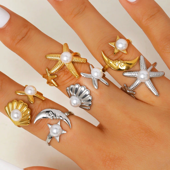 Wholesale Women's Stainless Steel Electroplated Oceanstyle Rings With Sun And Moon Patterns