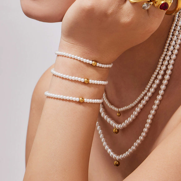 Wholesale Women's Stainless Steel Electroplated Pearl Beaded Necklace And Bracelet Jewelry Set