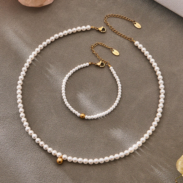 Wholesale Women's Stainless Steel Electroplated Pearl Beaded Necklace And Bracelet Jewelry Set