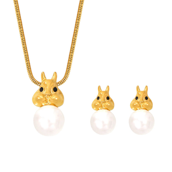 Wholesale Women's Stainless Steel Electroplated Pearl Bunny Pendant Earrings And Necklace Set Light Luxury Style