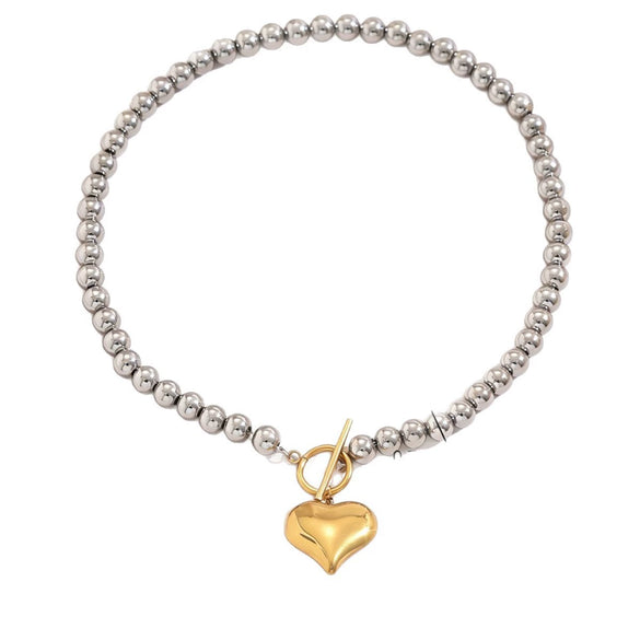 Wholesale Women's Stainless Steel Electroplated Round Bead Heart Geometric Twotone Necklace With Ot Clasp