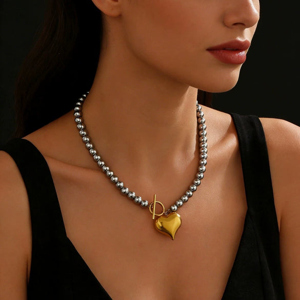 Wholesale Women's Stainless Steel Electroplated Round Bead Heart Geometric Twotone Necklace With Ot Clasp
