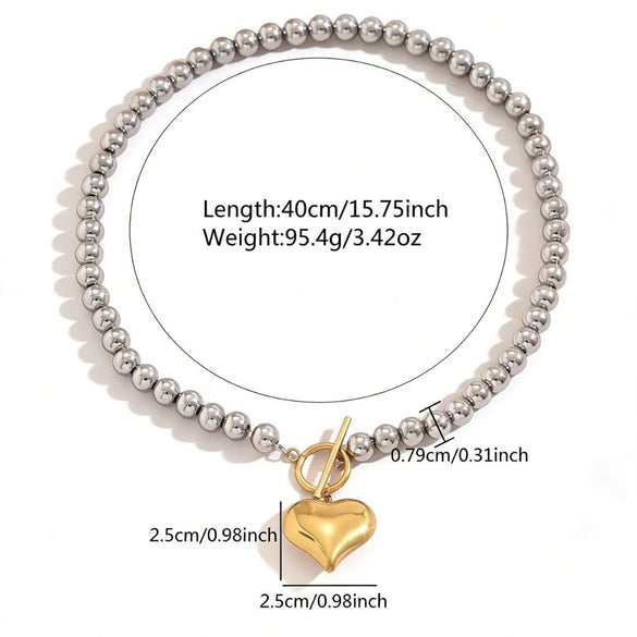 Wholesale Women's Stainless Steel Electroplated Round Bead Heart Geometric Twotone Necklace With Ot Clasp