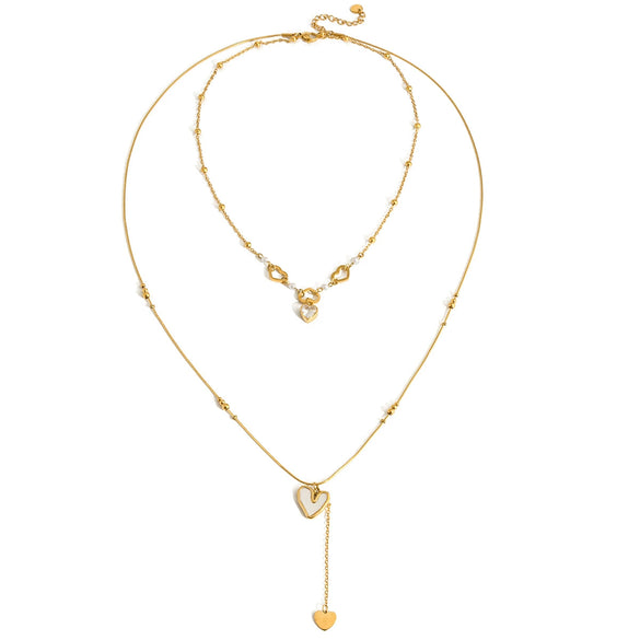 Wholesale Women's Stainless Steel Electroplated Stacked Doublelayer Heart Zircon Motherofpearl Necklace