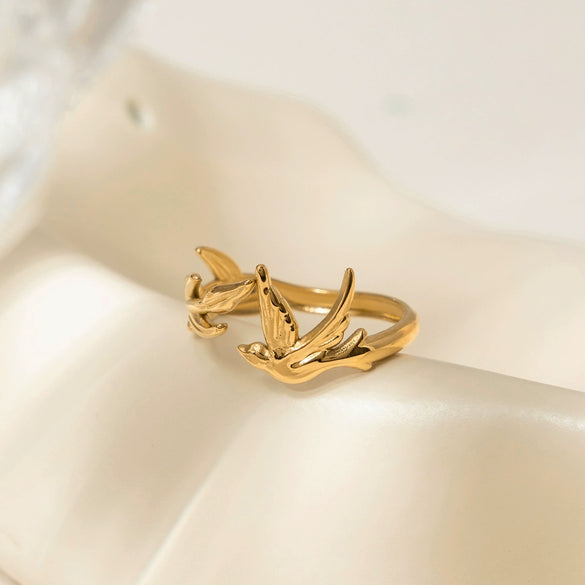Wholesale Women's Stainless Steel Electroplated Winged Ring With Peace Dove And Olive Leaf Design