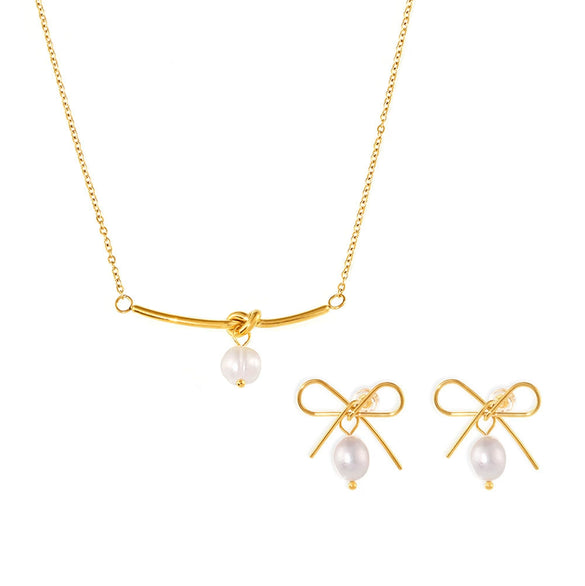 Wholesale Women's 316L Stainless Steel Elegant Freshwater Pearl French Hollow Bow Earrings And Necklace Set With Electroplating