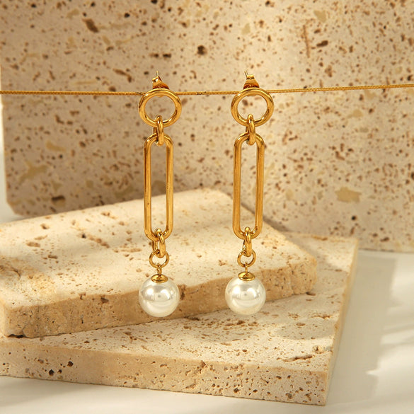 Wholesale Women's Stainless Steel Exaggerated Earrings With Imitation Beads And Geometric Design Pvd Furnace Real Gold Electroplated