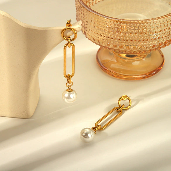 Wholesale Women's Stainless Steel Exaggerated Earrings With Imitation Beads And Geometric Design Pvd Furnace Real Gold Electroplated