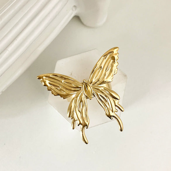 Wholesale Women's 304 Stainless Steel Exquisite Opening Ring With Hollow Butterfly Design And Electroplating Treatment