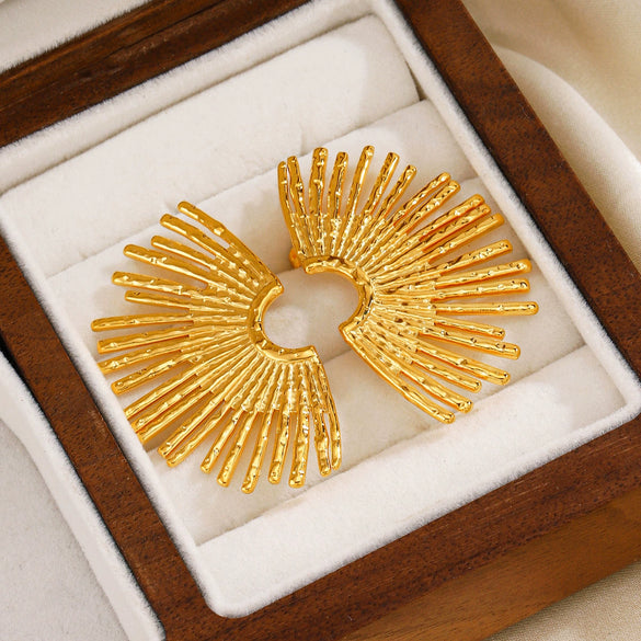 Wholesale Women's Stainless Steel Fan Earrings 18K Gold Plated With Exaggerated Style