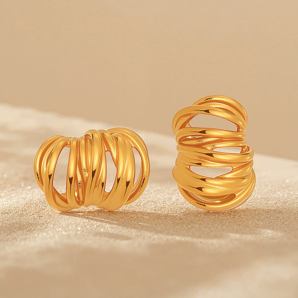 Wholesale Women's 316L Stainless Steel Fashion Heavy Industry Casting Geometric Cshaped Multilayer Line Winding Electroplated Earrings