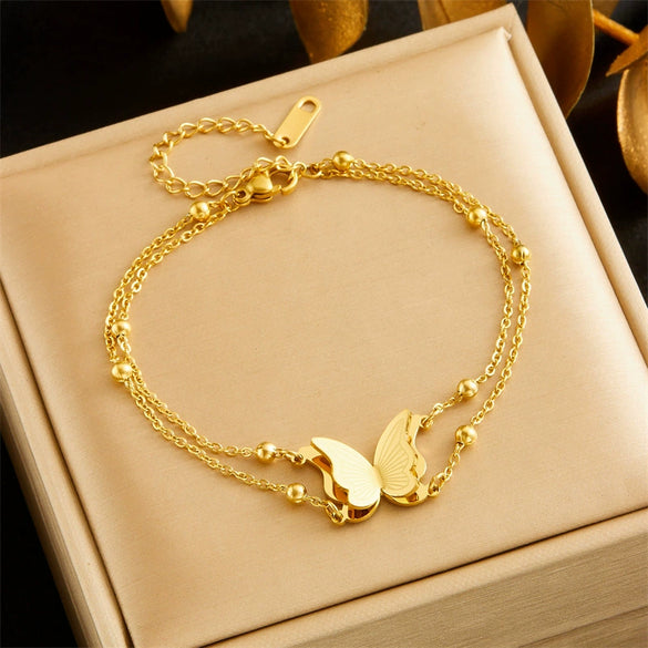 Wholesale Women's Stainless Steel Fashion Insect Carved Doublelayer Ball Chain Bracelet With Electroplating