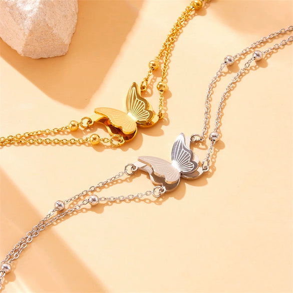 Wholesale Women's Stainless Steel Fashion Insect Carved Doublelayer Ball Chain Bracelet With Electroplating
