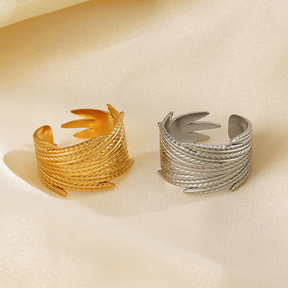 Wholesale Women's Stainless Steel Feather Opening Adjustable Ring 18K Gold Plated