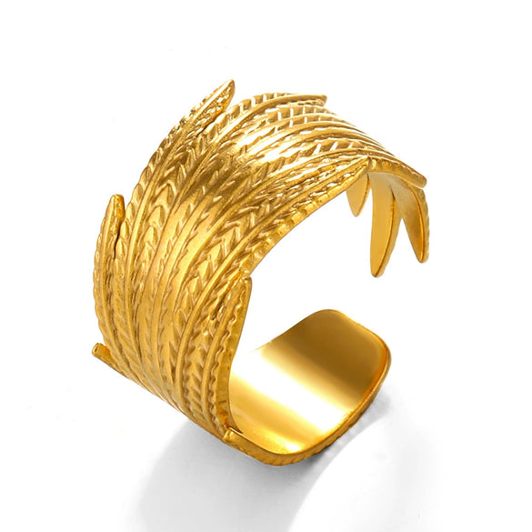 Wholesale Women's Stainless Steel Feather Opening Adjustable Ring 18K Gold Plated
