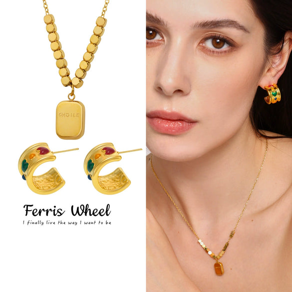 Wholesale Women's Stainless Steel Ferris Wheel Cshaped Love Square Card Lettering Pendant Necklace And Earrings Electroplated Combination Suit