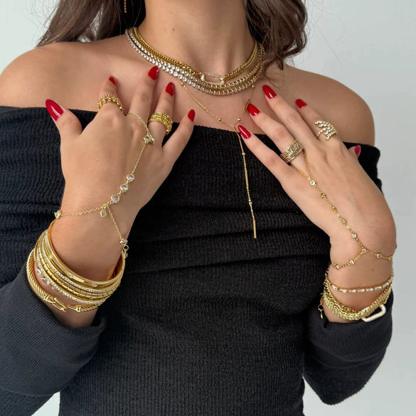 Wholesale Women's Stainless Steel Finger Bracelet With Zircon Pearl Geometric Design Electroplating Treatment Light Luxury High Sense