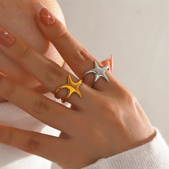 Wholesale Women's Stainless Steel Fivepointed Star Ring With Electroplating Treatment