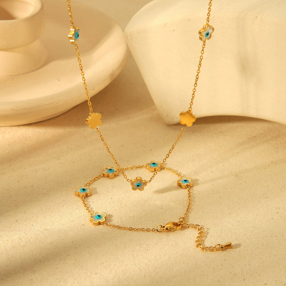 Wholesale Women's Stainless Steel Flower Cross Chain Necklace And Bracelet 18K Gold Electroplated