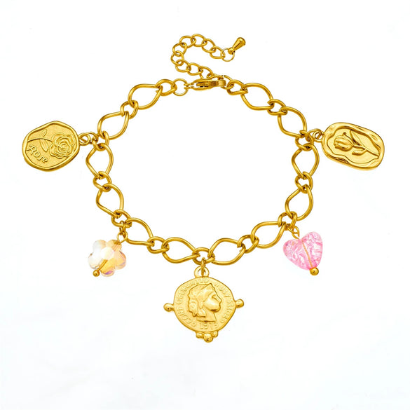 Wholesale Women's Stainless Steel Flower Patterned Pendant Bracelet With Electroplating Fashion Design