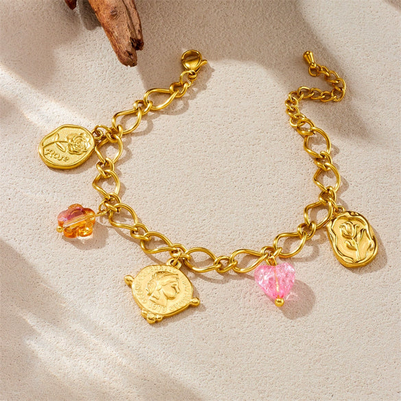 Wholesale Women's Stainless Steel Flower Patterned Pendant Bracelet With Electroplating Fashion Design