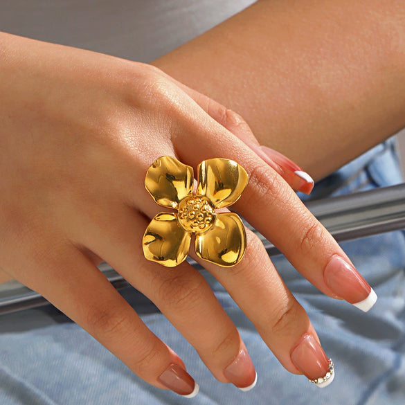 Wholesale Women's Stainless Steel Flower Ring 18K Goldplated