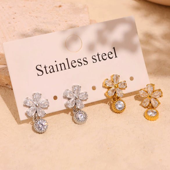 Wholesale Women's 316L Stainless Steel Flower Zircon Stud Earrings With 18K Real Gold Electroplated Light Luxury Niche Style
