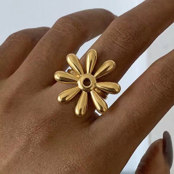 Wholesale Women's Stainless Steel Flowershaped Open Ring 18K Gold Vacuum Plated Minimalist Style Hand Accessory