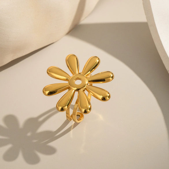 Wholesale Women's Stainless Steel Flowershaped Open Ring 18K Gold Vacuum Plated Minimalist Style Hand Accessory