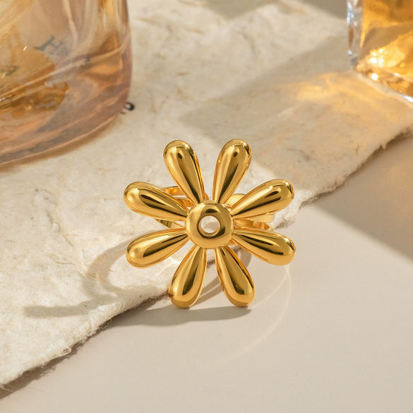 Wholesale Women's Stainless Steel Flowershaped Open Ring 18K Gold Vacuum Plated Minimalist Style Hand Accessory