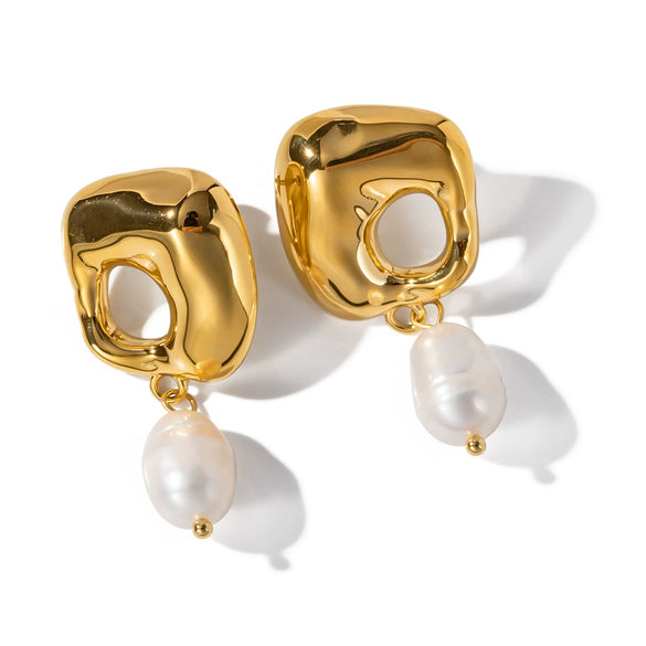 Wholesale Women's Stainless Steel Freshwater Pearl Irregular Pendant Earrings With Geometric Design And Electroplating Treatment 18K Gold Plated Do Not Fade Natural Style