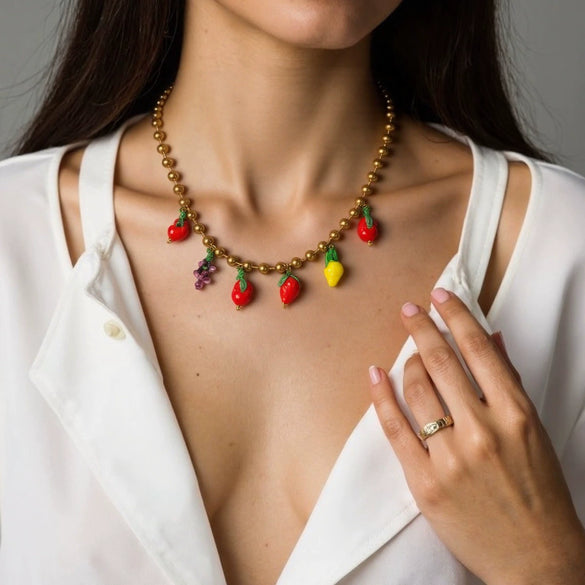 Wholesale Women's Stainless Steel Fruit Shaped Beaded Clavicle Chain Jewelry Set With Resin Pendant Electroplated
