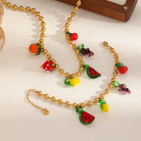 Wholesale Women's Stainless Steel Fruit Shaped Beaded Clavicle Chain Jewelry Set With Resin Pendant Electroplated