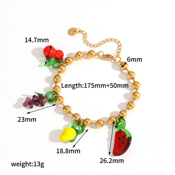 Wholesale Women's Stainless Steel Fruit Shaped Beaded Clavicle Chain Jewelry Set With Resin Pendant Electroplated