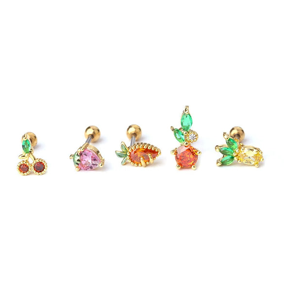 Wholesale Women's Stainless Steel Fruit Shaped Creative Colorful Zircon Stud Earrings With Electroplating Treatment