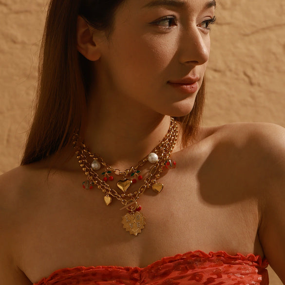 Wholesale Women's Stainless Steel Fruit Shaped Necklace Bracelet And Cherry Earrings With Electroplating